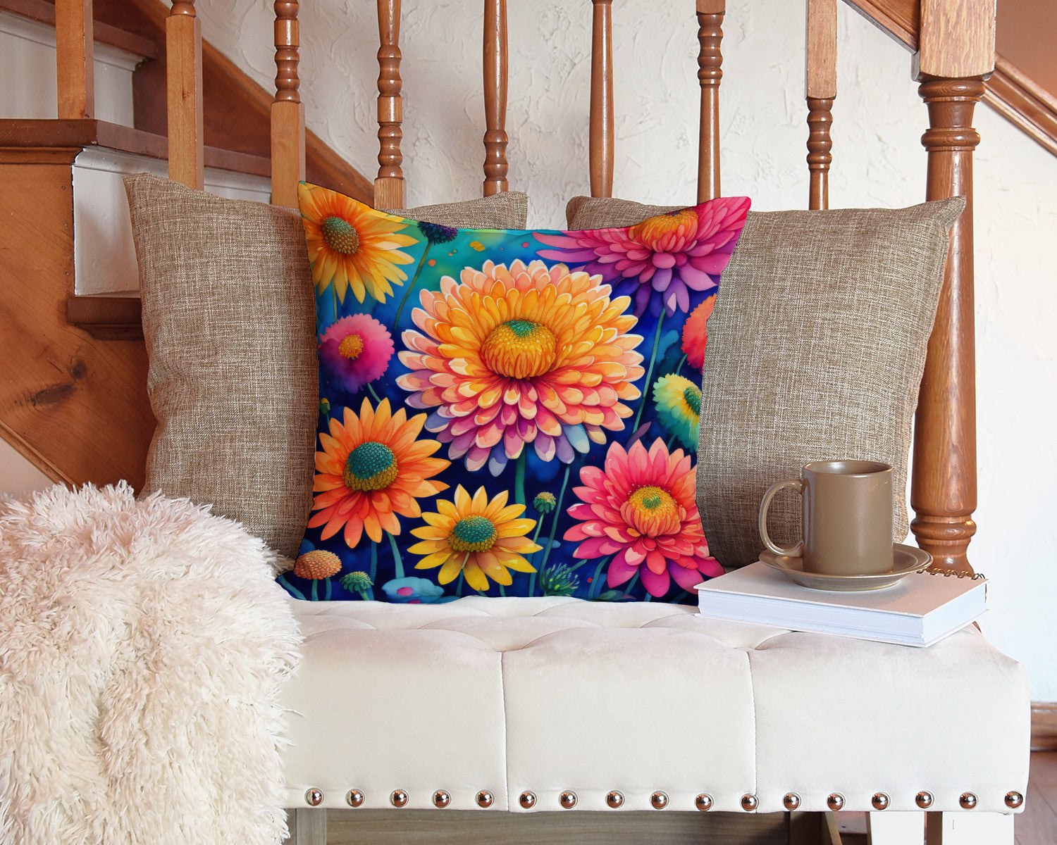 Colorful Chrysanthemums Fabric Decorative Pillow  the-store.com.