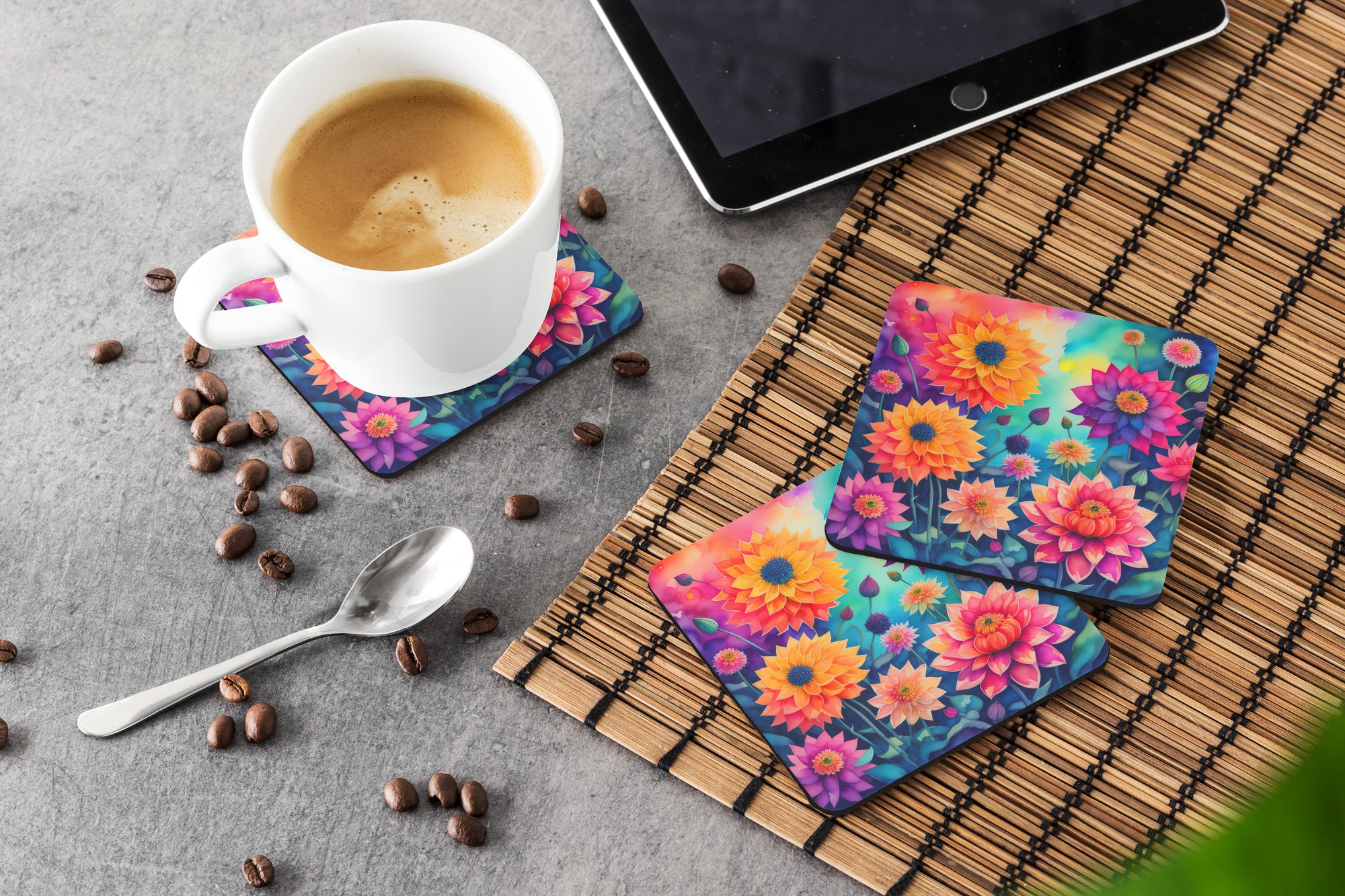 Colorful Dahlias Foam Coaster Set of 4  the-store.com.