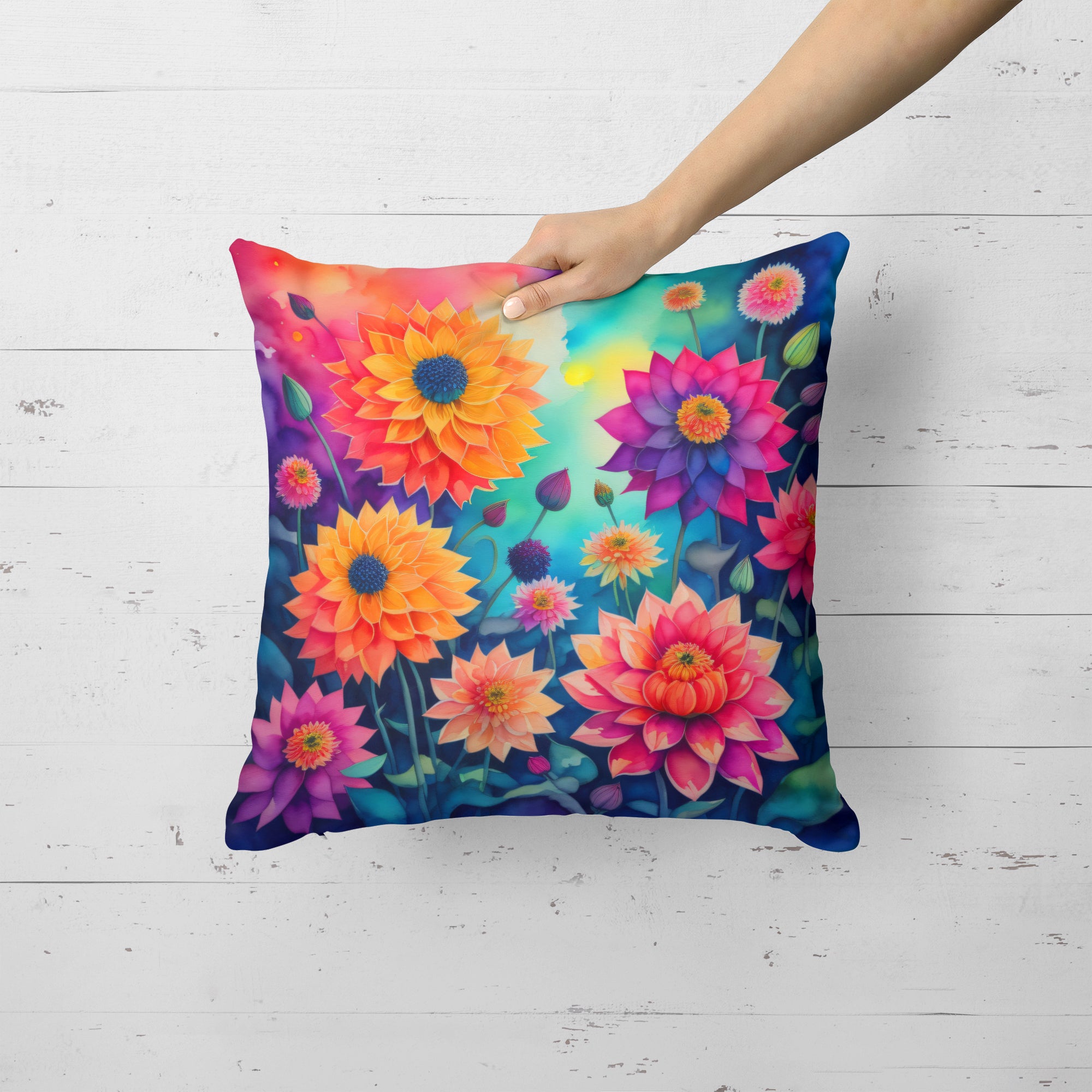 Buy this Colorful Dahlias Fabric Decorative Pillow