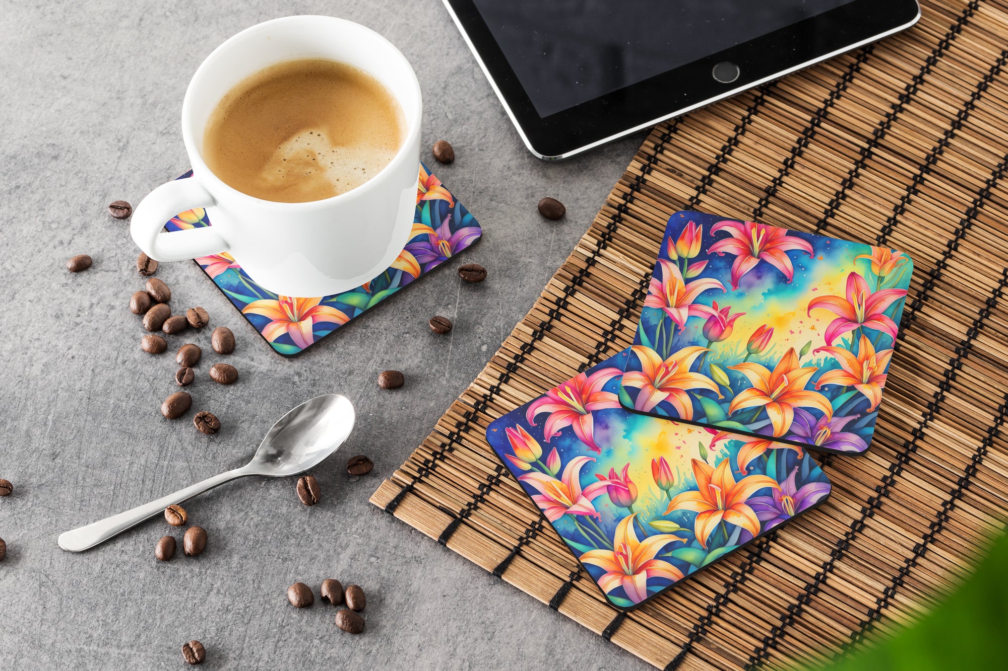 Colorful Lilies Foam Coaster Set of 4  the-store.com.