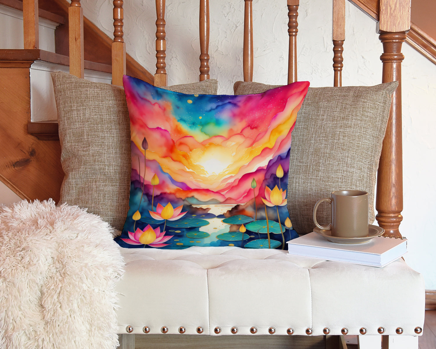 Colorful Lotus Fabric Decorative Pillow  the-store.com.