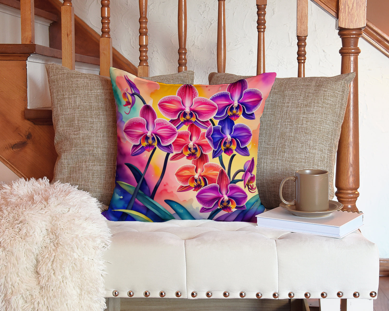 Colorful Orchids Fabric Decorative Pillow  the-store.com.