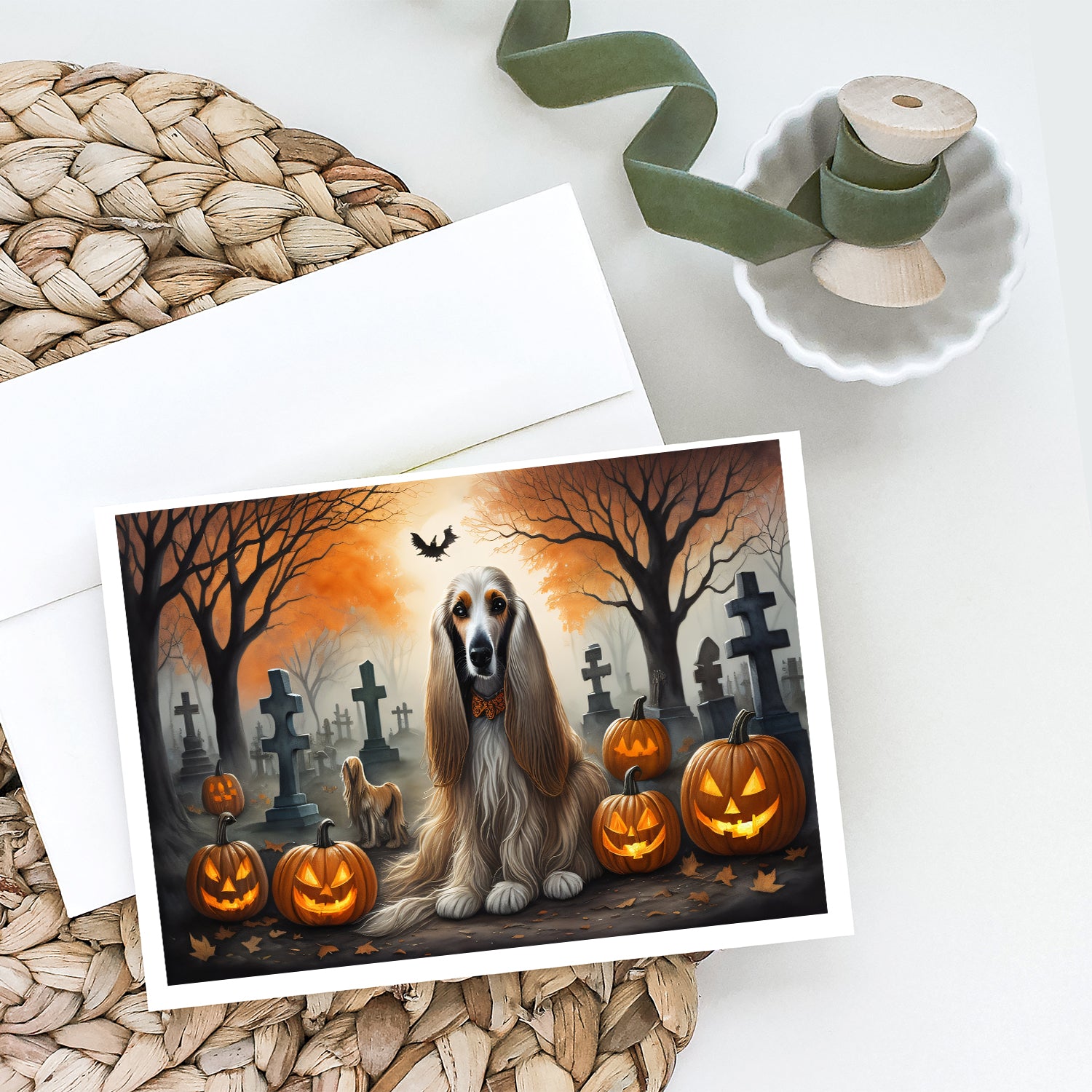 Afghan Hound Spooky Halloween Greeting Cards and Envelopes Pack of 8  the-store.com.