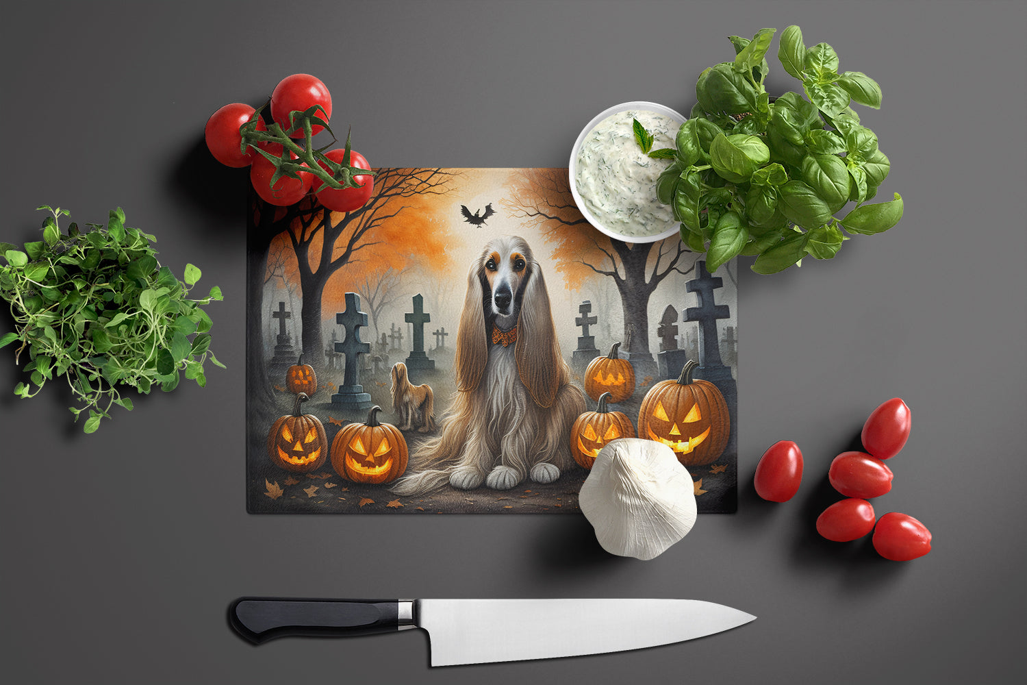 Afghan Hound Spooky Halloween Glass Cutting Board Large  the-store.com.