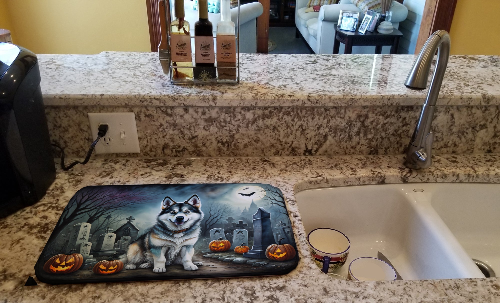 Alaskan Malamute Spooky Halloween Dish Drying Mat