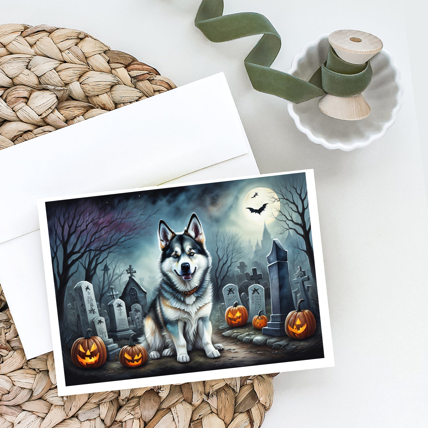 Alaskan Malamute Spooky Halloween Greeting Cards and Envelopes Pack of 8  the-store.com.