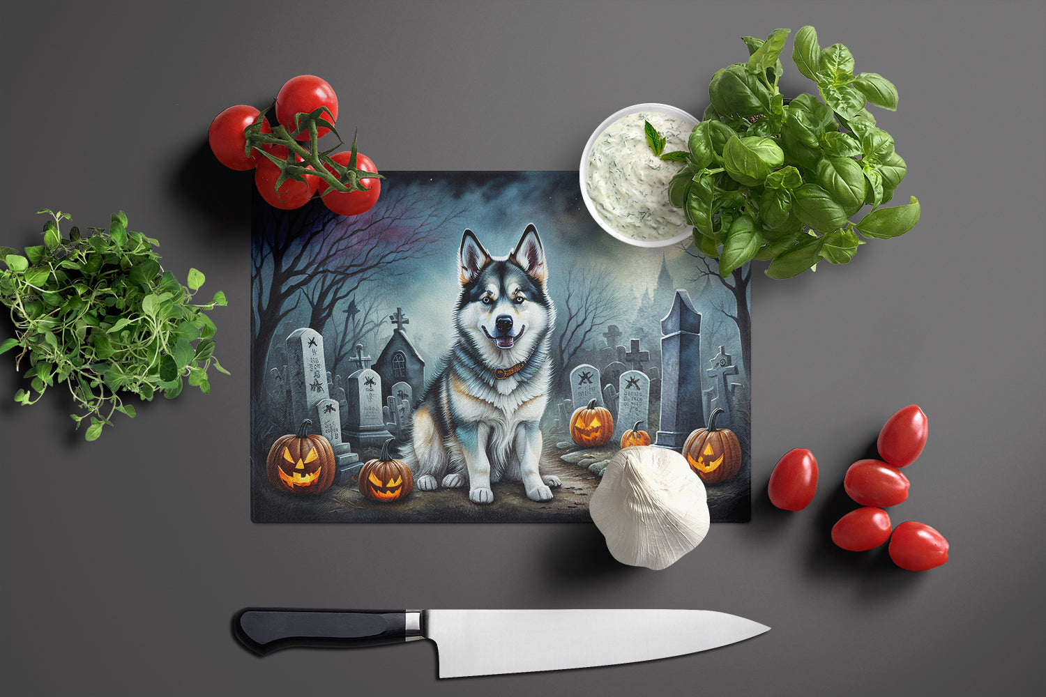 Alaskan Malamute Spooky Halloween Glass Cutting Board Large