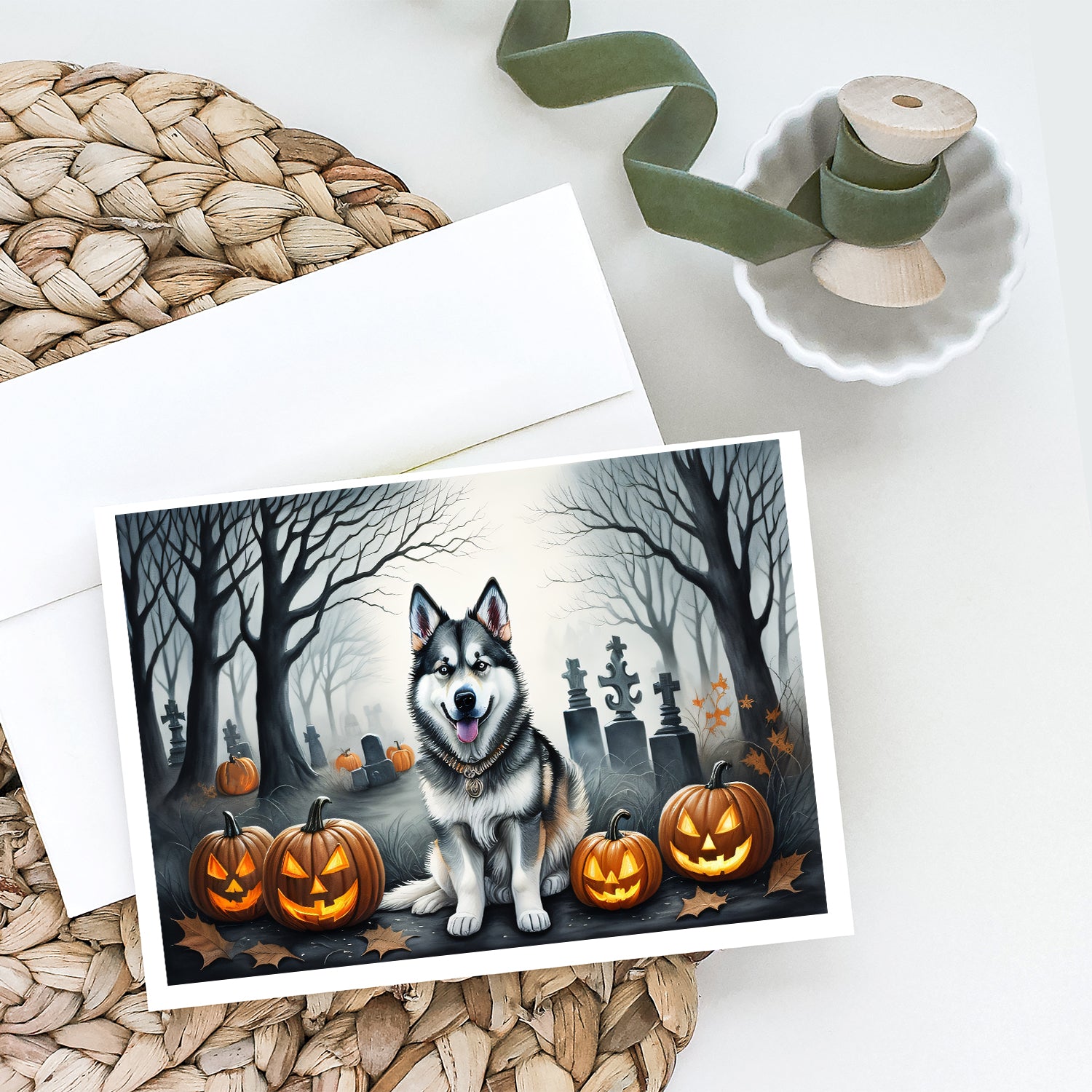 Alaskan Malamute Spooky Halloween Greeting Cards and Envelopes Pack of 8  the-store.com.