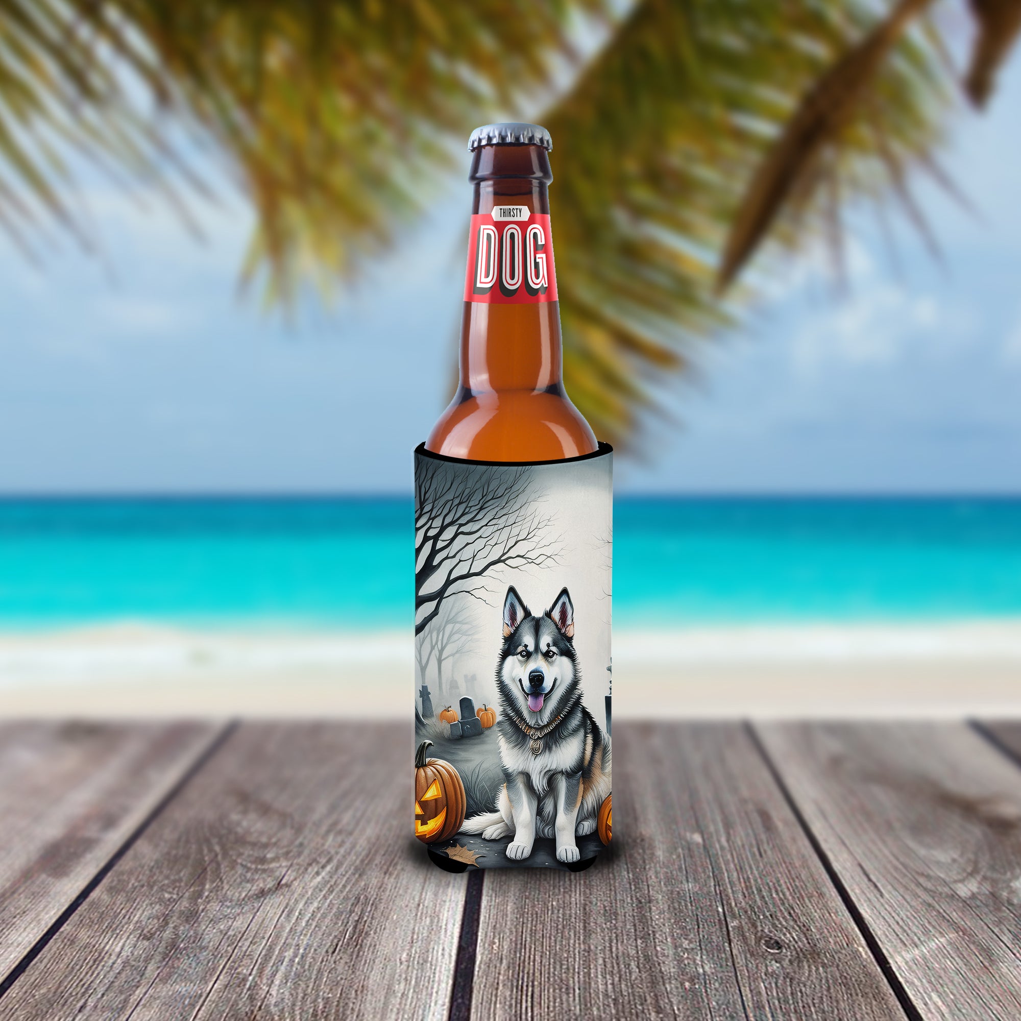 Alaskan Malamute Spooky Halloween Hugger for Ultra Slim Cans