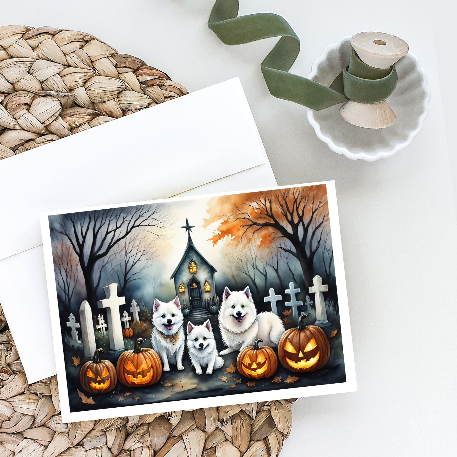 American Eskimo Spooky Halloween Greeting Cards and Envelopes Pack of 8  the-store.com.