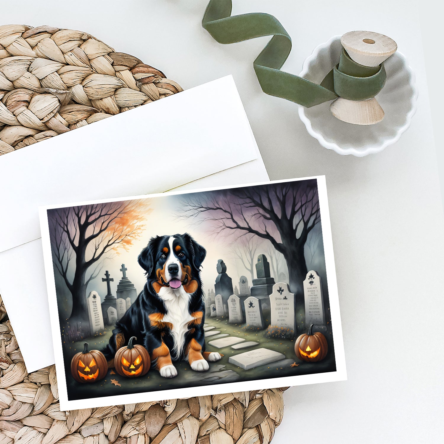 Bernese Mountain Dog Spooky Halloween Greeting Cards and Envelopes Pack of 8  the-store.com.