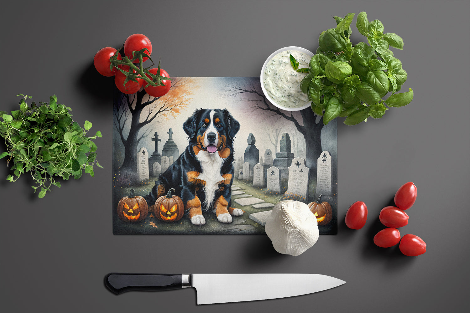Bernese Mountain Dog Spooky Halloween Glass Cutting Board Large  the-store.com.