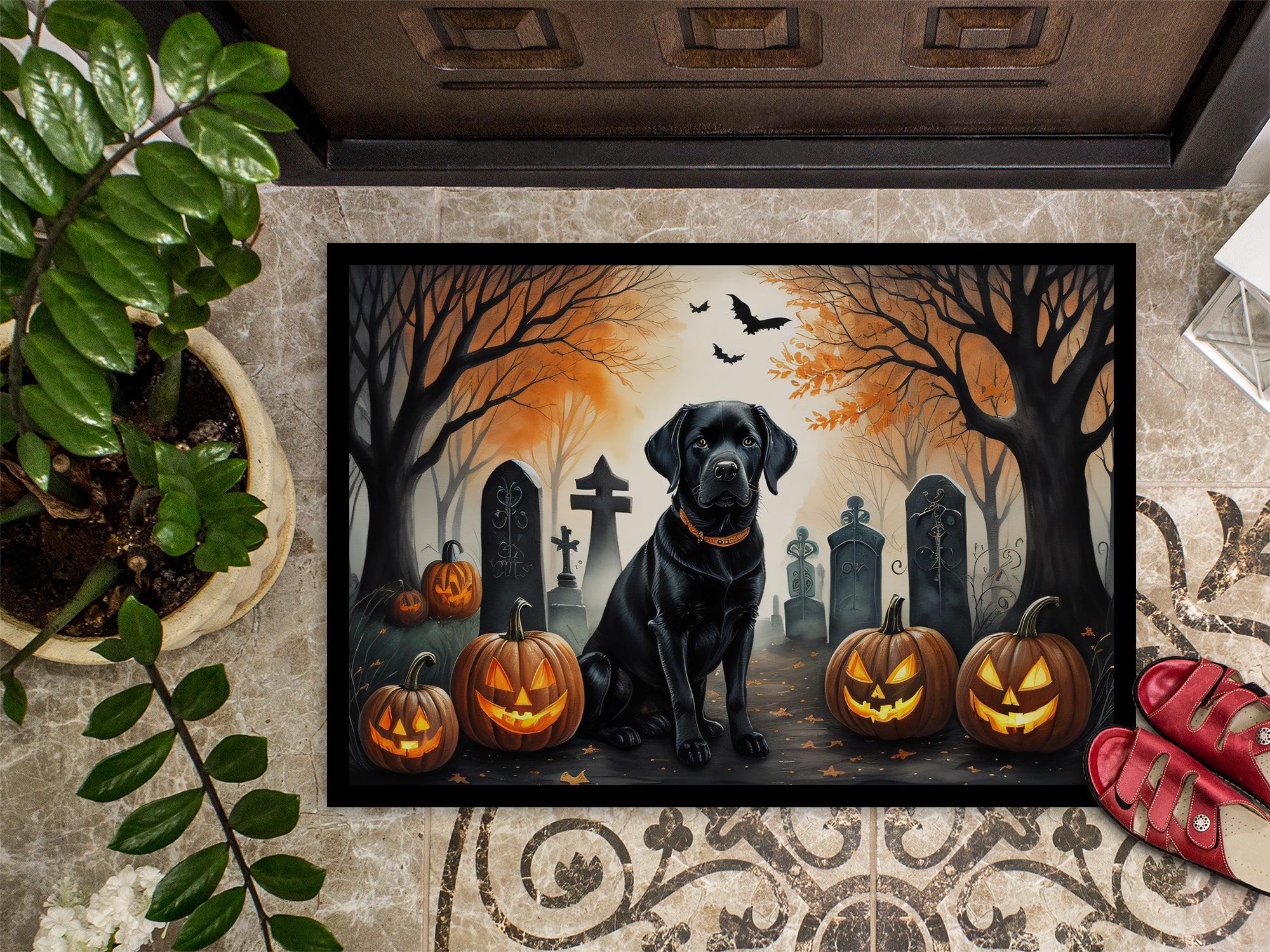 Black Labrador Retriever Spooky Halloween Doormat 18x27  the-store.com.