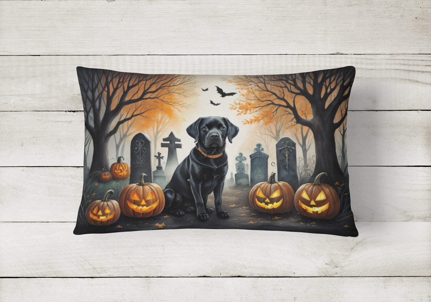 Black Labrador Retriever Spooky Halloween Fabric Decorative Pillow  the-store.com.