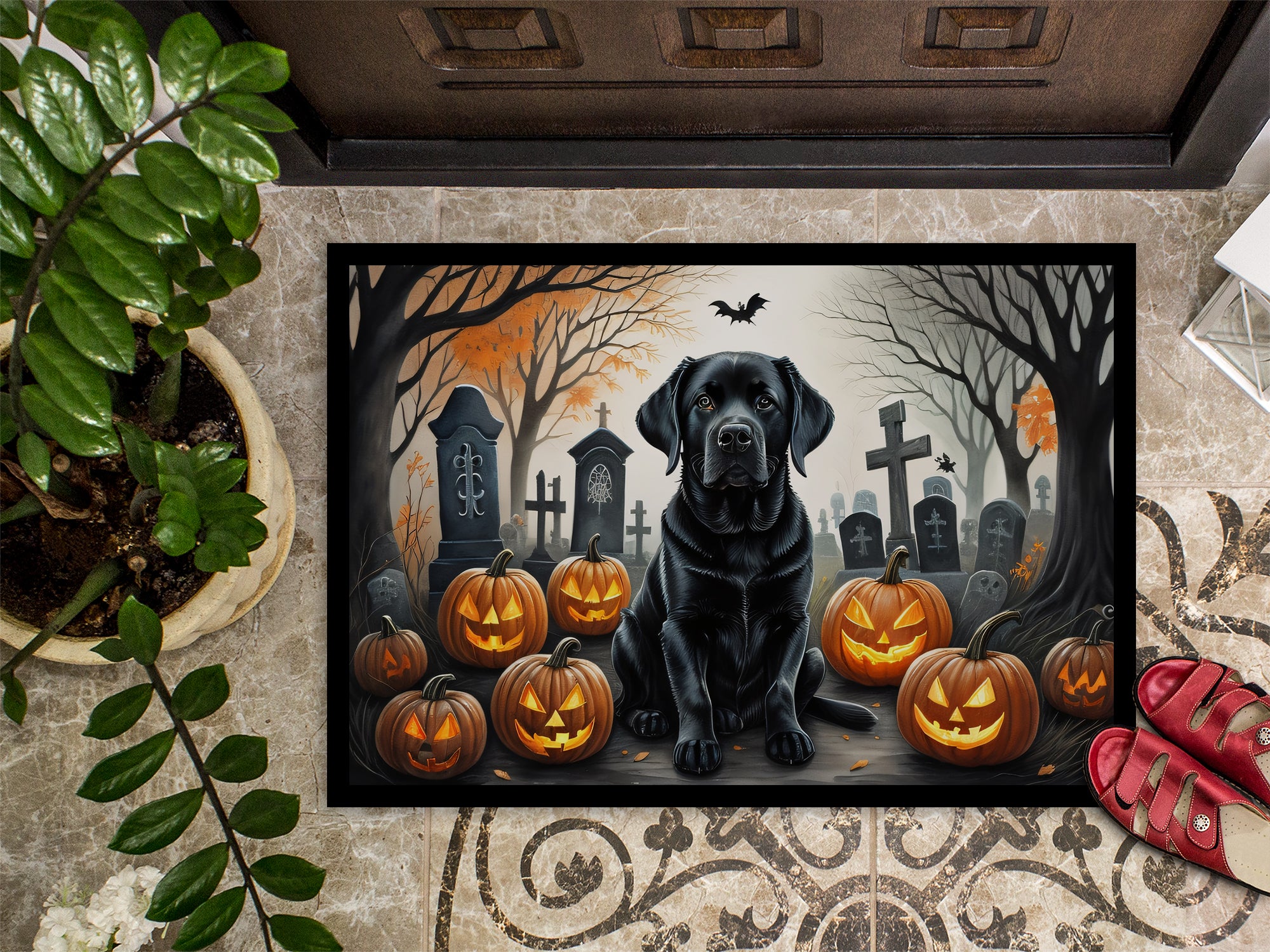 Black Labrador Retriever Spooky Halloween Indoor or Outdoor Mat 24x36  the-store.com.
