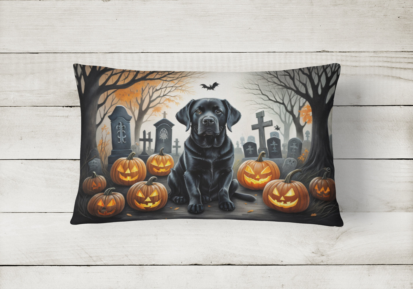 Black Labrador Retriever Spooky Halloween Fabric Decorative Pillow  the-store.com.