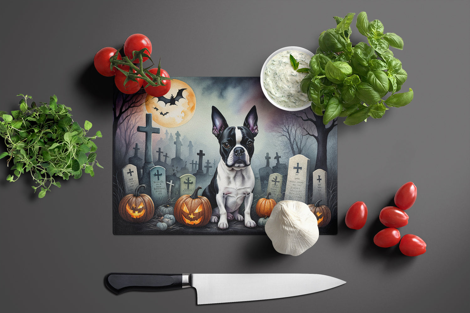 Boston Terrier Spooky Halloween Glass Cutting Board Large  the-store.com.