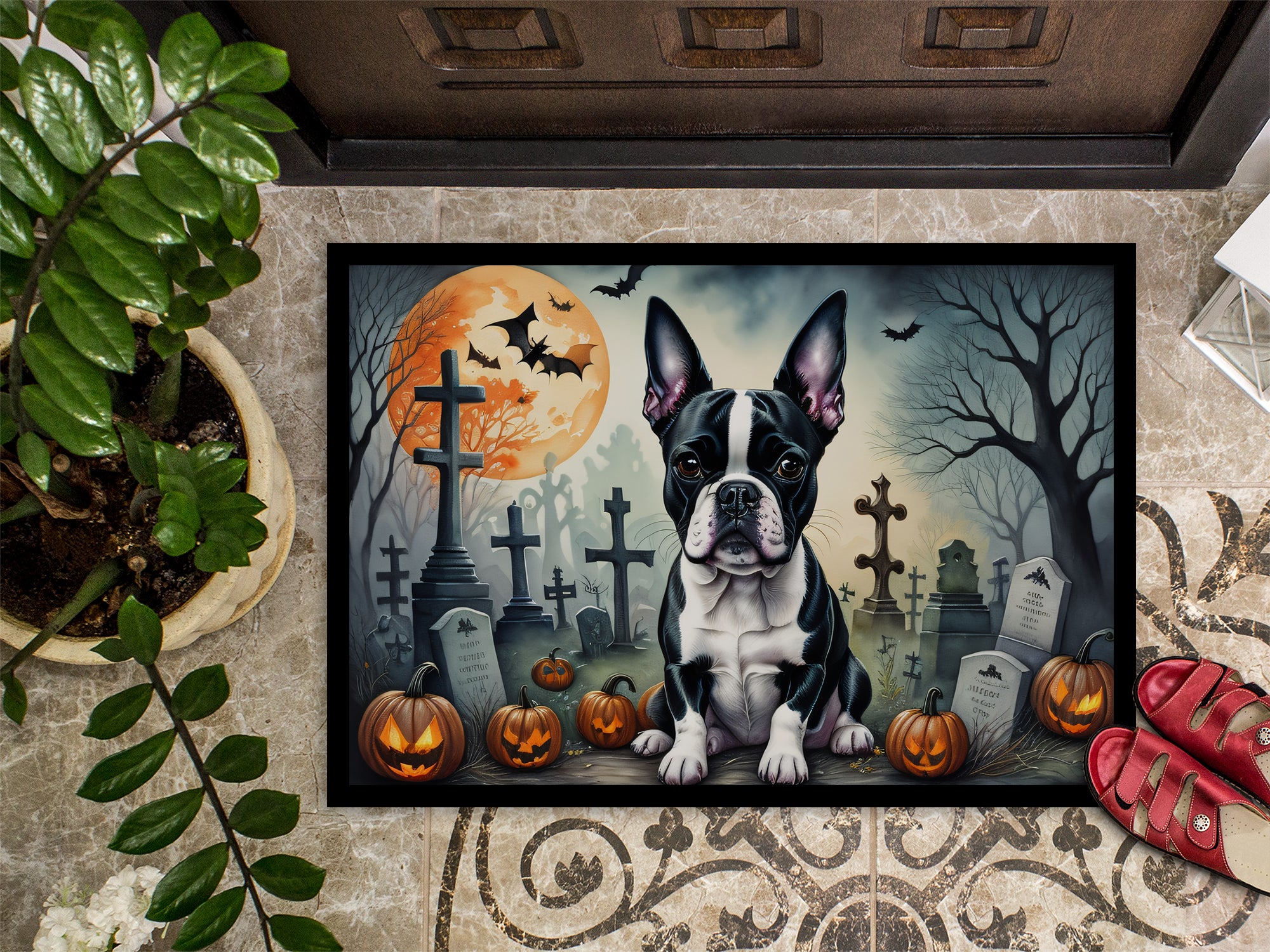 Boston Terrier Spooky Halloween Indoor or Outdoor Mat 24x36  the-store.com.