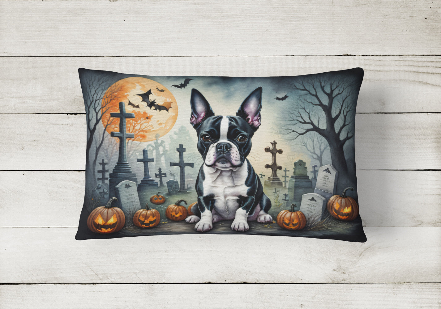 Boston Terrier Spooky Halloween Fabric Decorative Pillow  the-store.com.