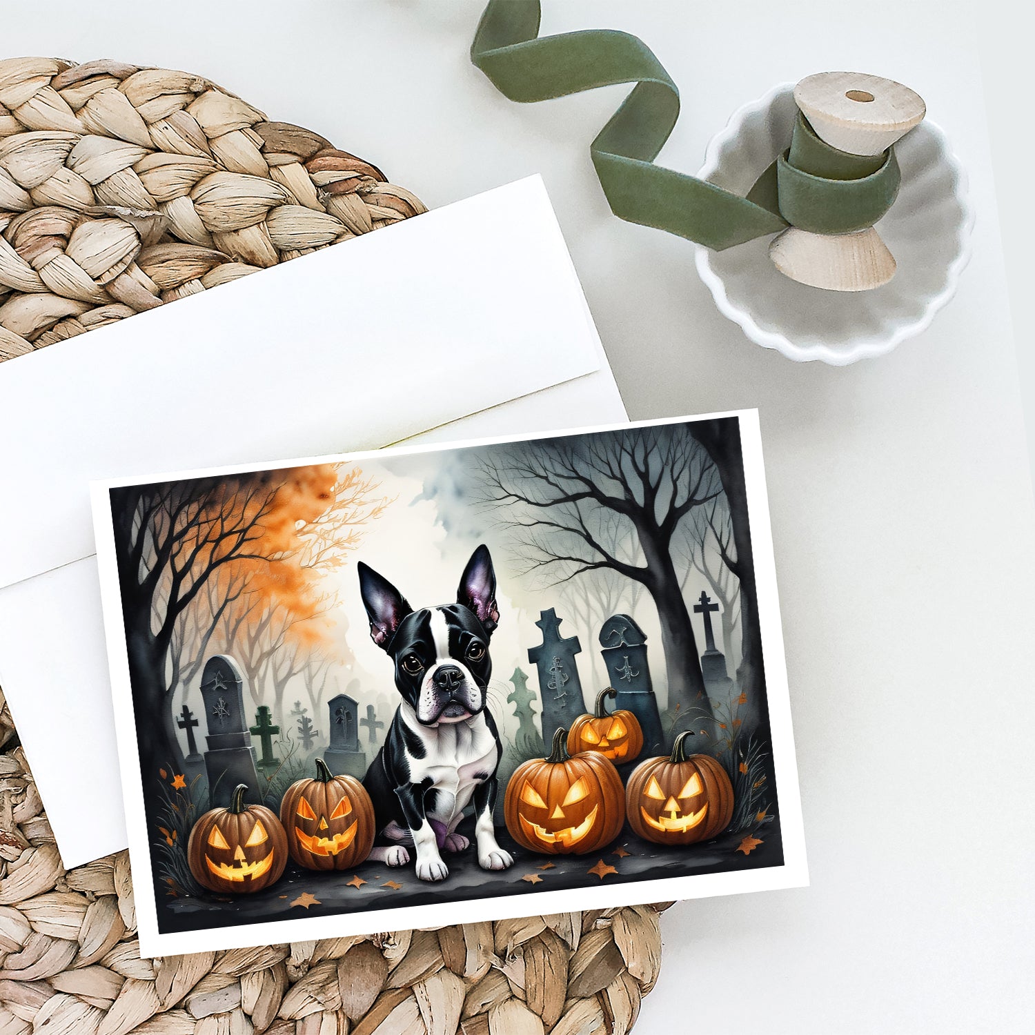 Boston Terrier Spooky Halloween Greeting Cards and Envelopes Pack of 8  the-store.com.