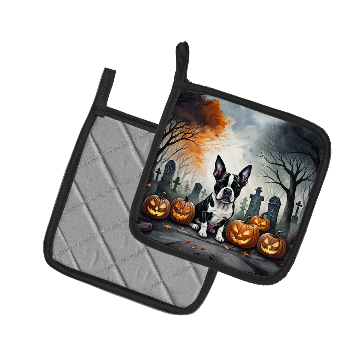 Boston Terrier Spooky Halloween Pair of Pot Holders