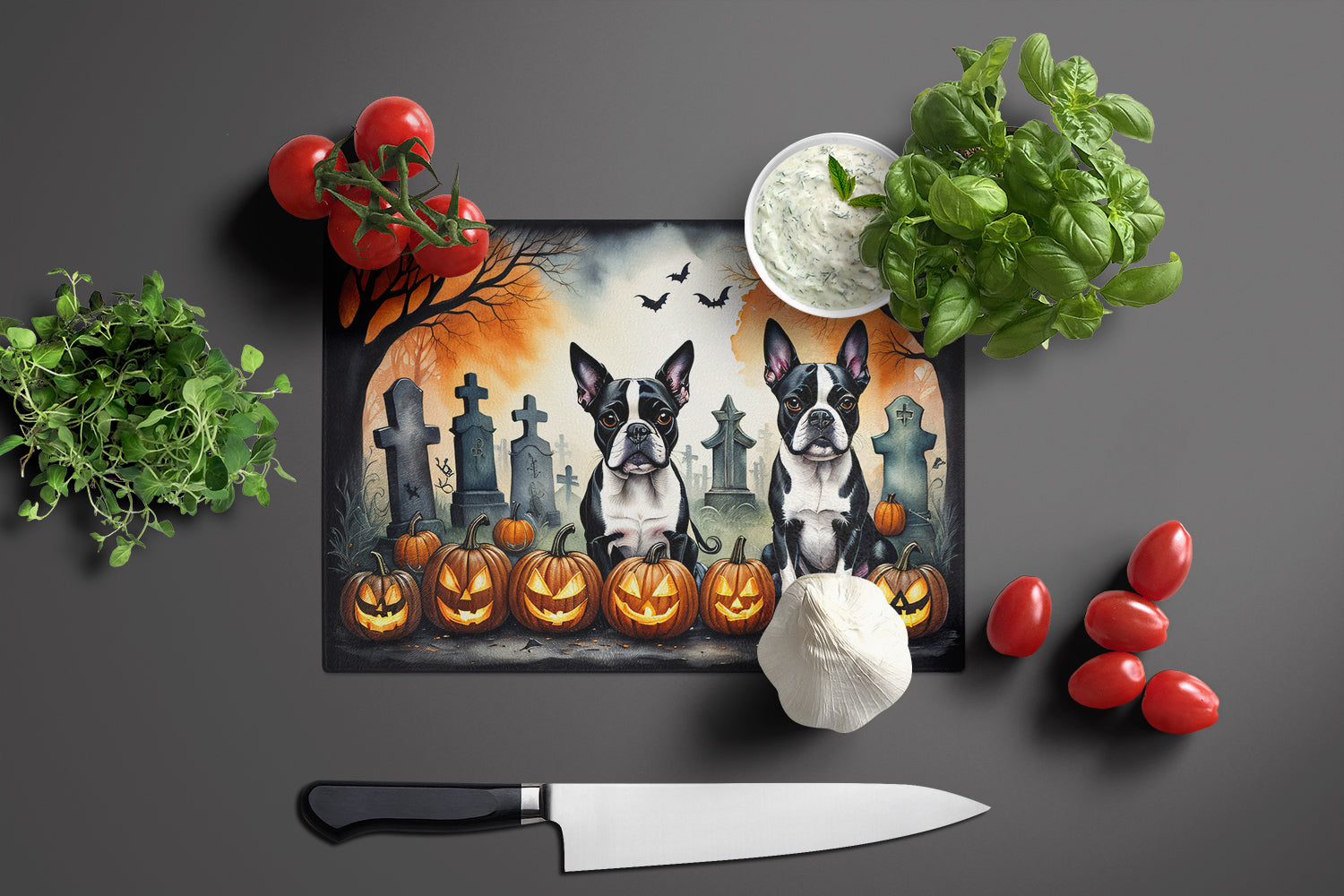 Boston Terrier Spooky Halloween Glass Cutting Board Large  the-store.com.