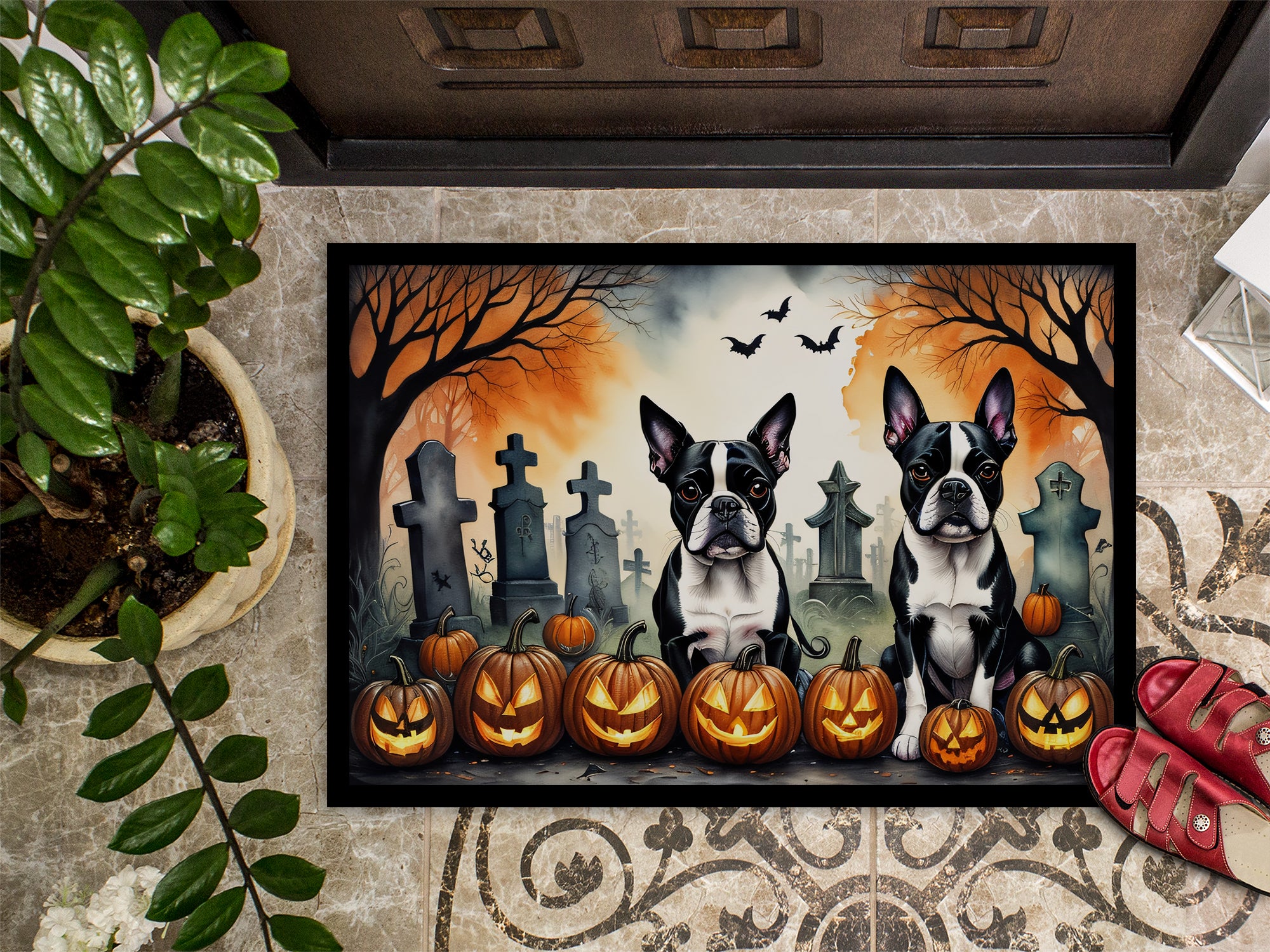 Boston Terrier Spooky Halloween Doormat 18x27