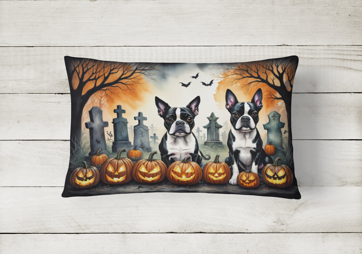 Boston Terrier Spooky Halloween Fabric Decorative Pillow  the-store.com.