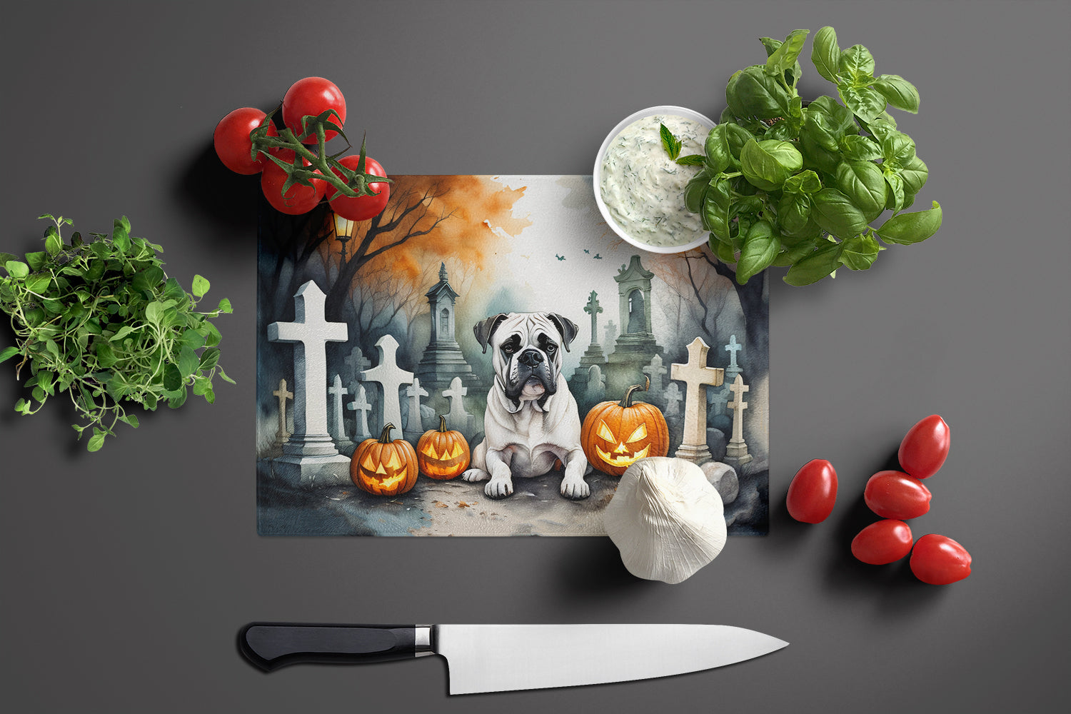 Boxer Spooky Halloween Glass Cutting Board Large  the-store.com.