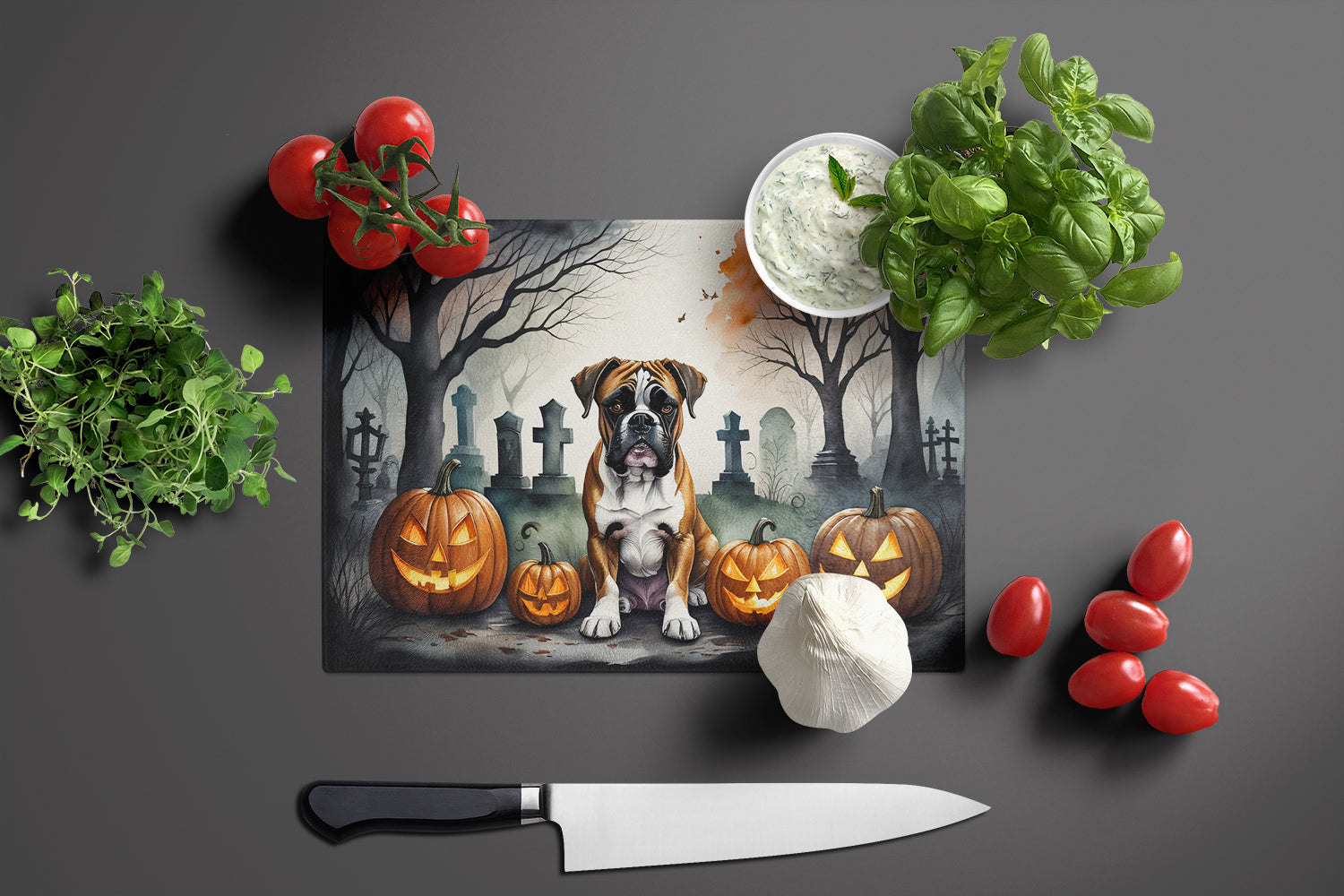 Boxer Spooky Halloween Glass Cutting Board Large  the-store.com.