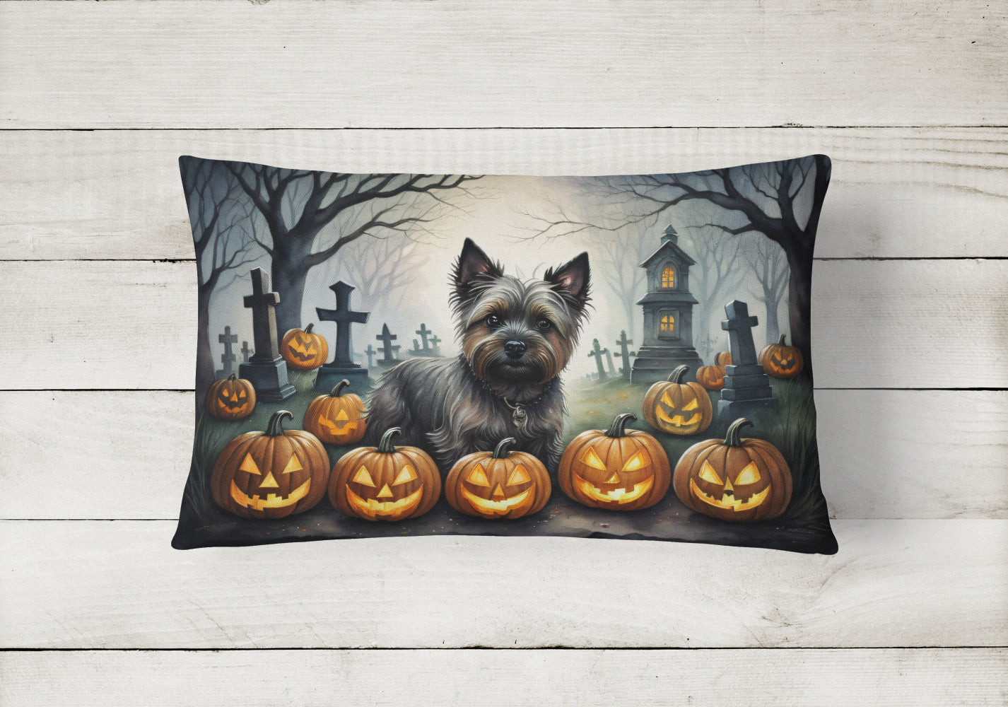 Cairn Terrier Spooky Halloween Fabric Decorative Pillow