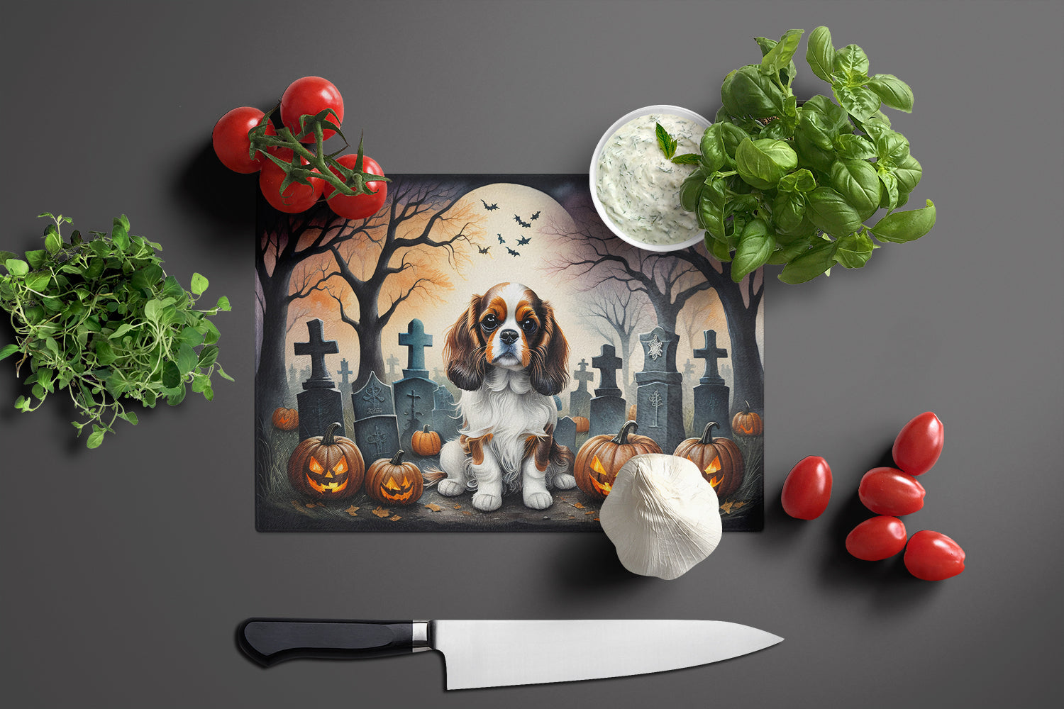 Cavalier Spaniel Spooky Halloween Glass Cutting Board Large  the-store.com.