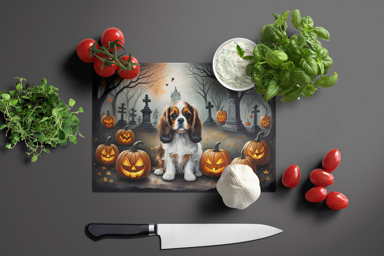 Cavalier Spaniel Spooky Halloween Glass Cutting Board Large  the-store.com.