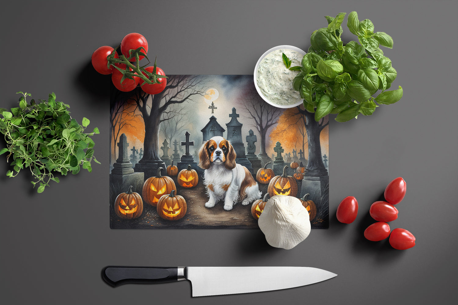 Cavalier Spaniel Spooky Halloween Glass Cutting Board Large