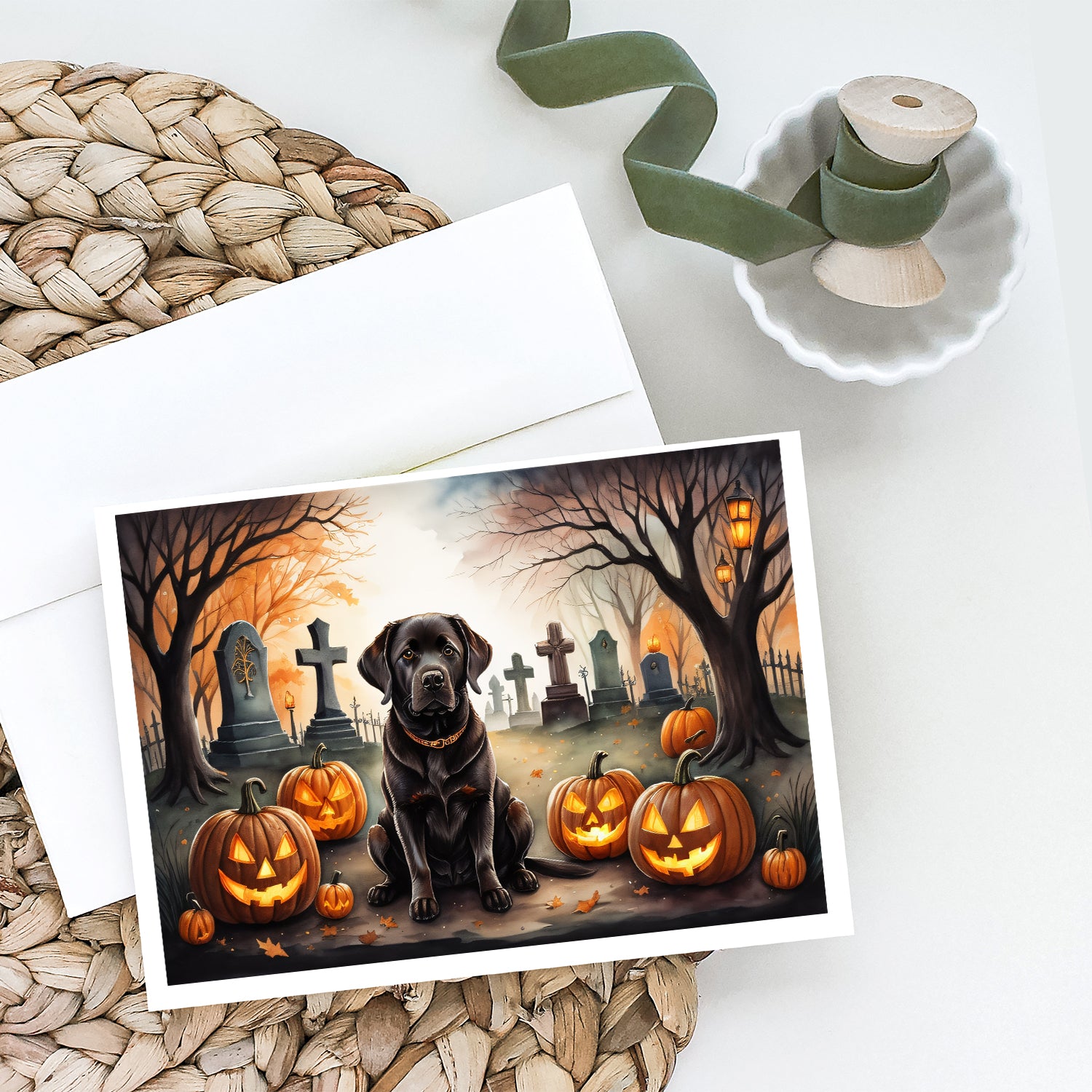 Chocolate Labrador Retriever Spooky Halloween Greeting Cards and Envelopes Pack of 8  the-store.com.