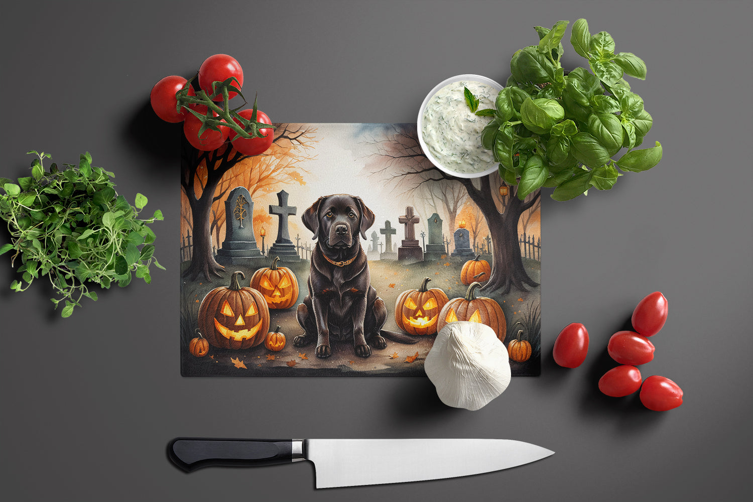 Chocolate Labrador Retriever Spooky Halloween Glass Cutting Board Large  the-store.com.