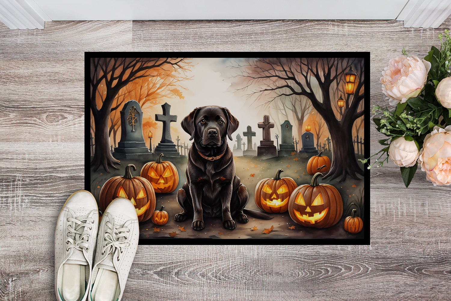 Chocolate Labrador Retriever Spooky Halloween Doormat 18x27