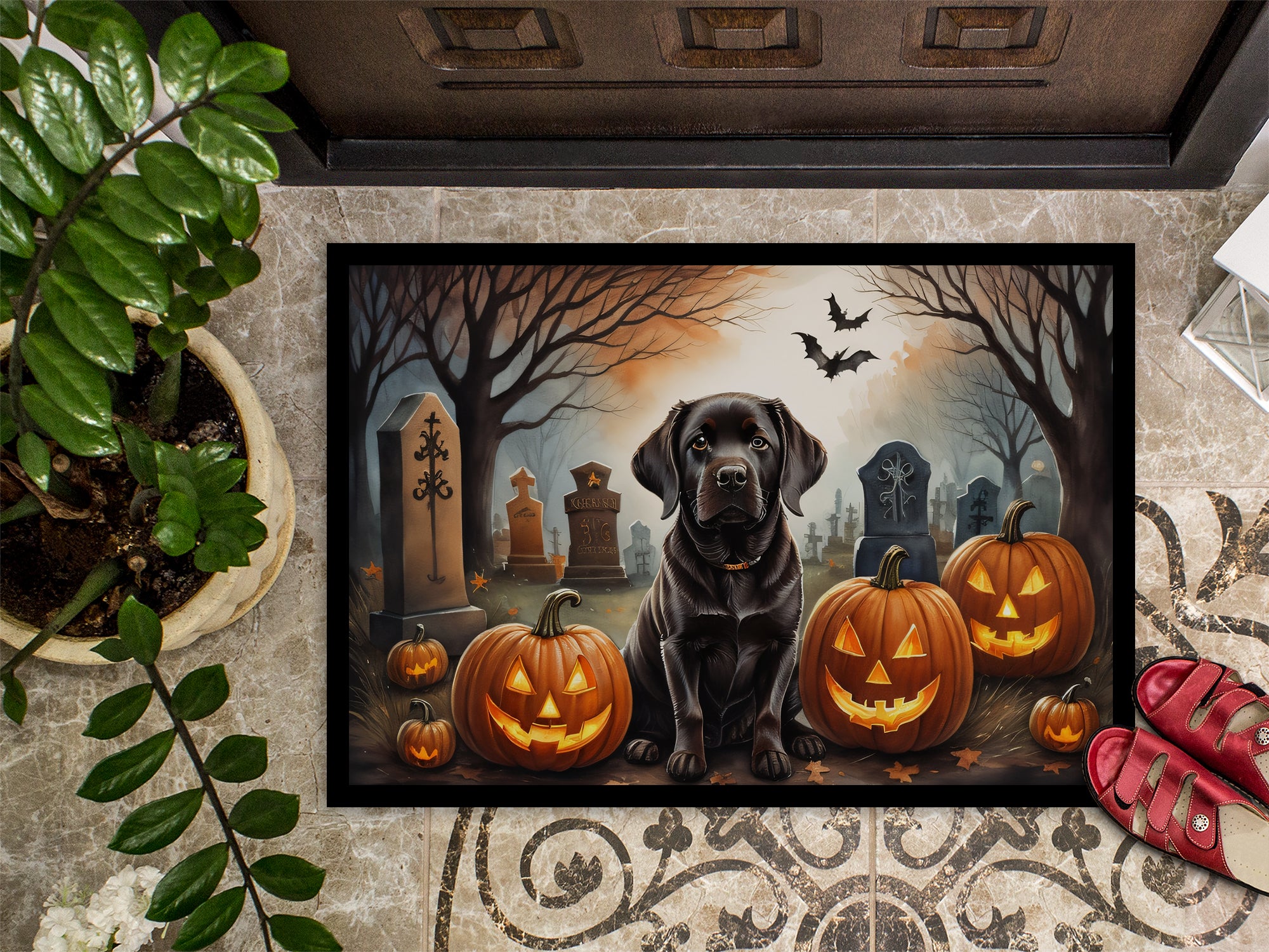 Chocolate Labrador Retriever Spooky Halloween Doormat 18x27  the-store.com.