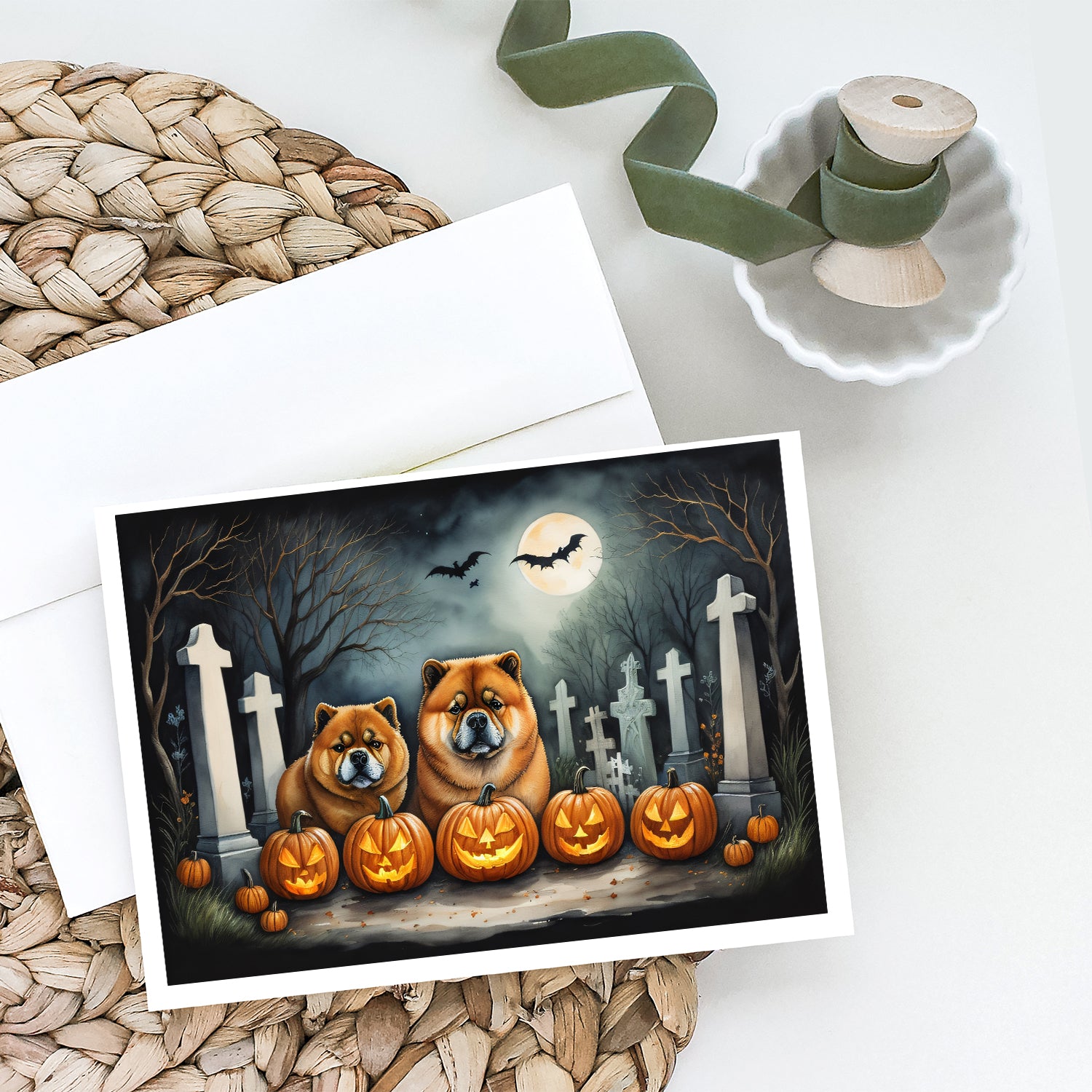 Chow Chow Spooky Halloween Greeting Cards and Envelopes Pack of 8  the-store.com.