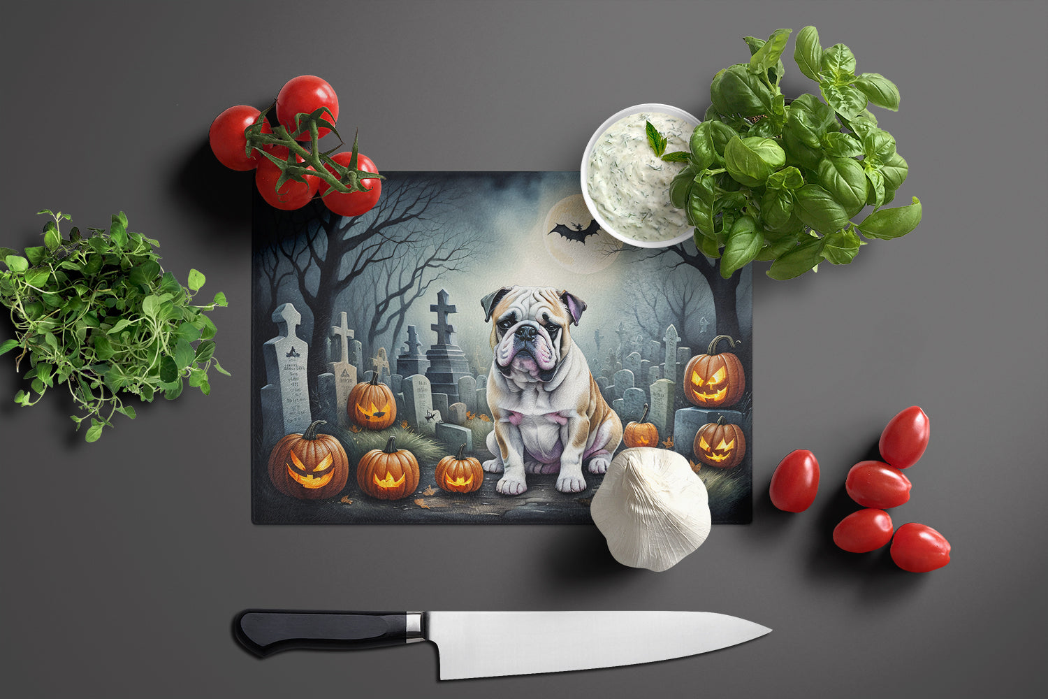 English Bulldog Spooky Halloween Glass Cutting Board Large  the-store.com.