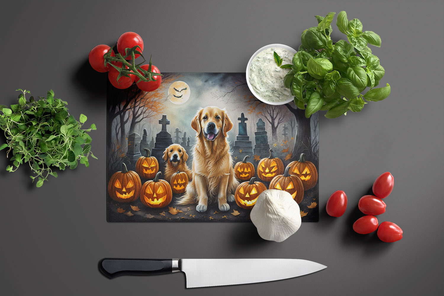 Golden Retriever Spooky Halloween Glass Cutting Board Large