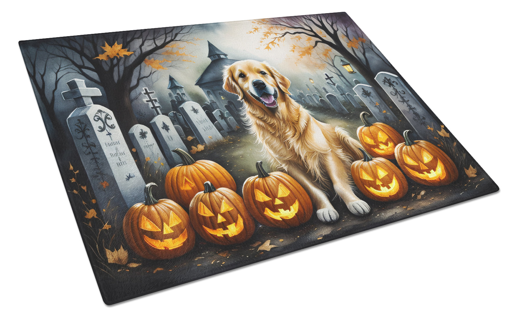 Buy this Golden Retriever Spooky Halloween Glass Cutting Board Large