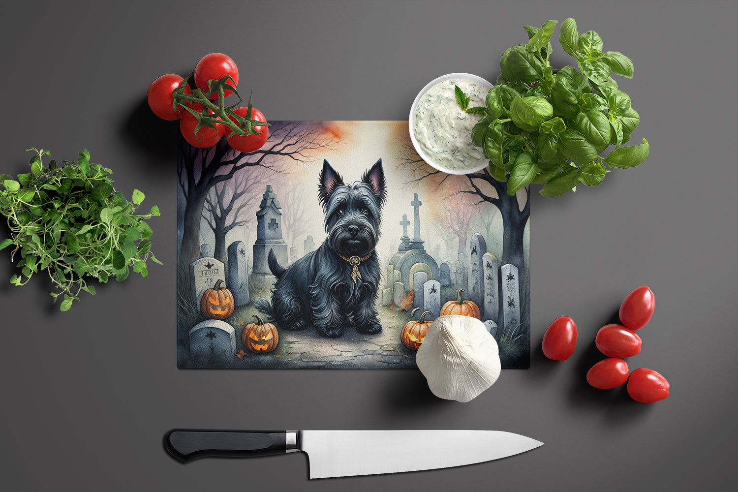 Scottish Terrier Spooky Halloween Glass Cutting Board Large  the-store.com.