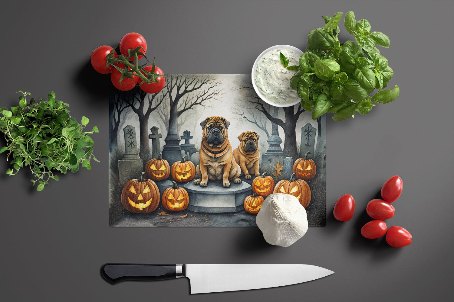 Shar Pei Spooky Halloween Glass Cutting Board Large  the-store.com.