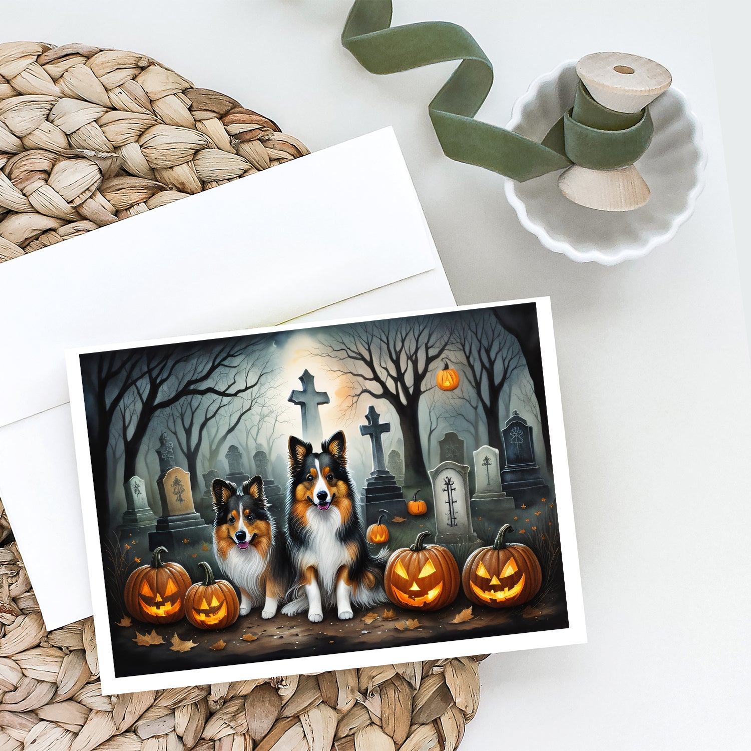 Sheltie Spooky Halloween Greeting Cards and Envelopes Pack of 8  the-store.com.