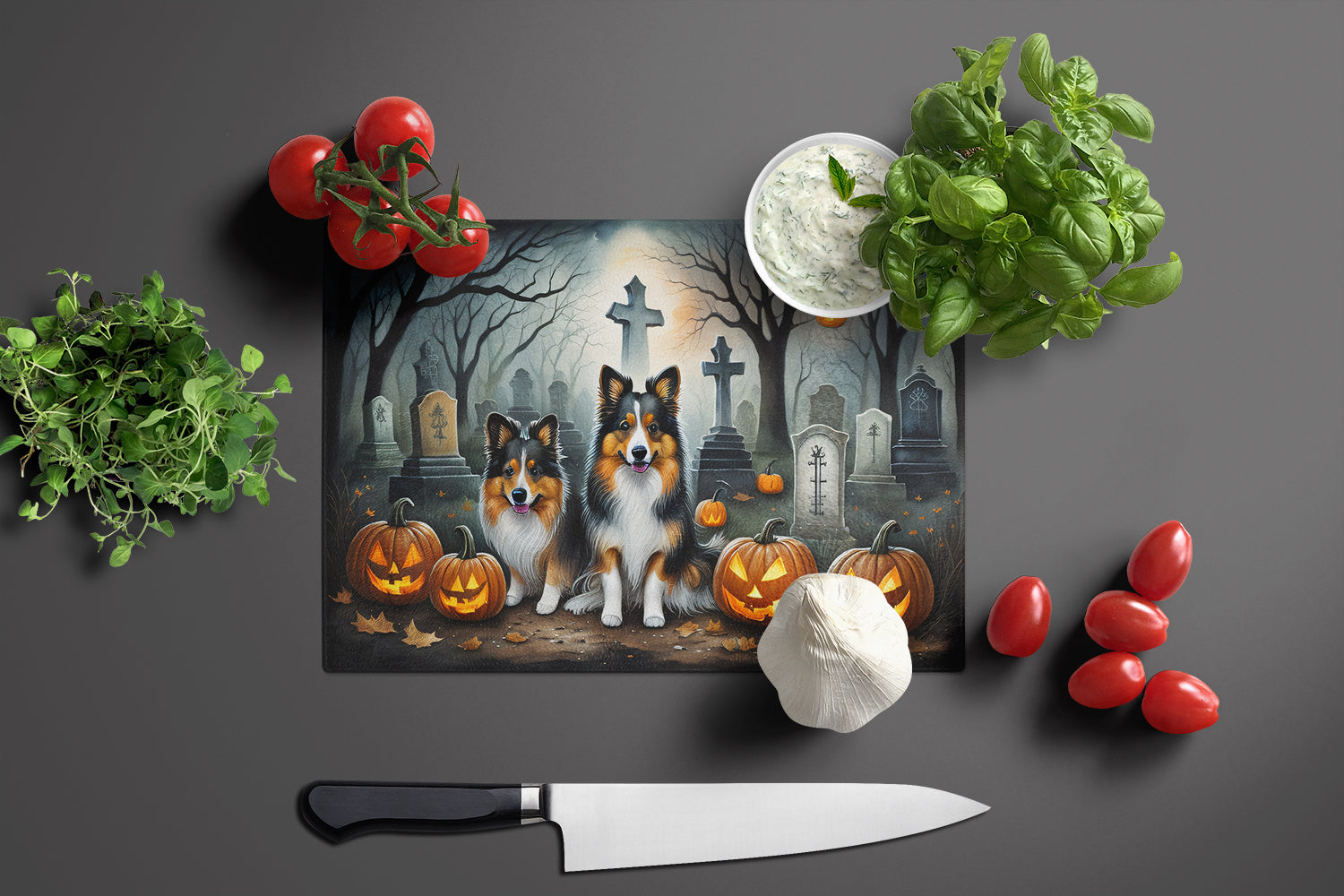 Sheltie Spooky Halloween Glass Cutting Board Large