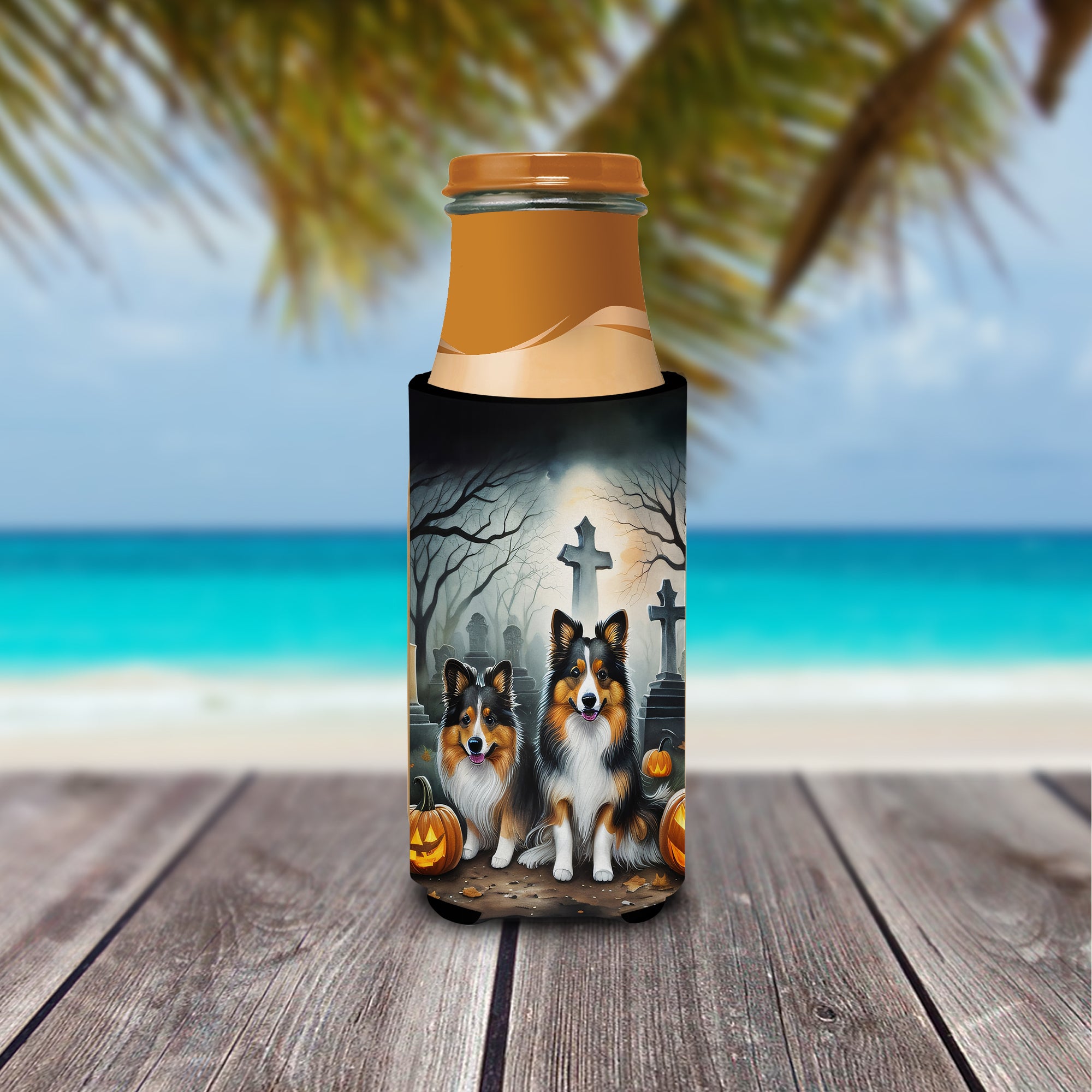 Sheltie Spooky Halloween Hugger for Ultra Slim Cans