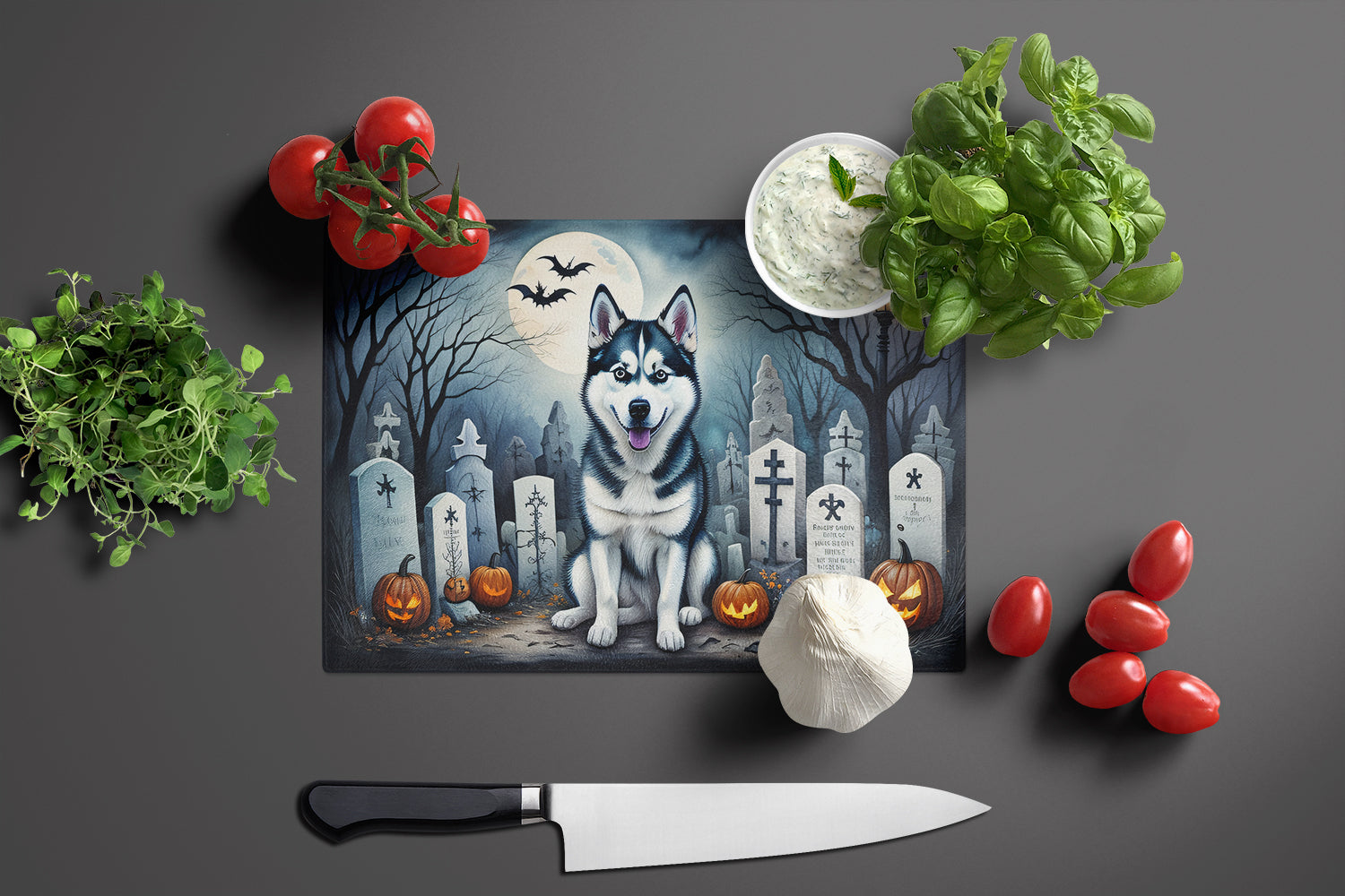 Siberian Husky Spooky Halloween Glass Cutting Board Large  the-store.com.