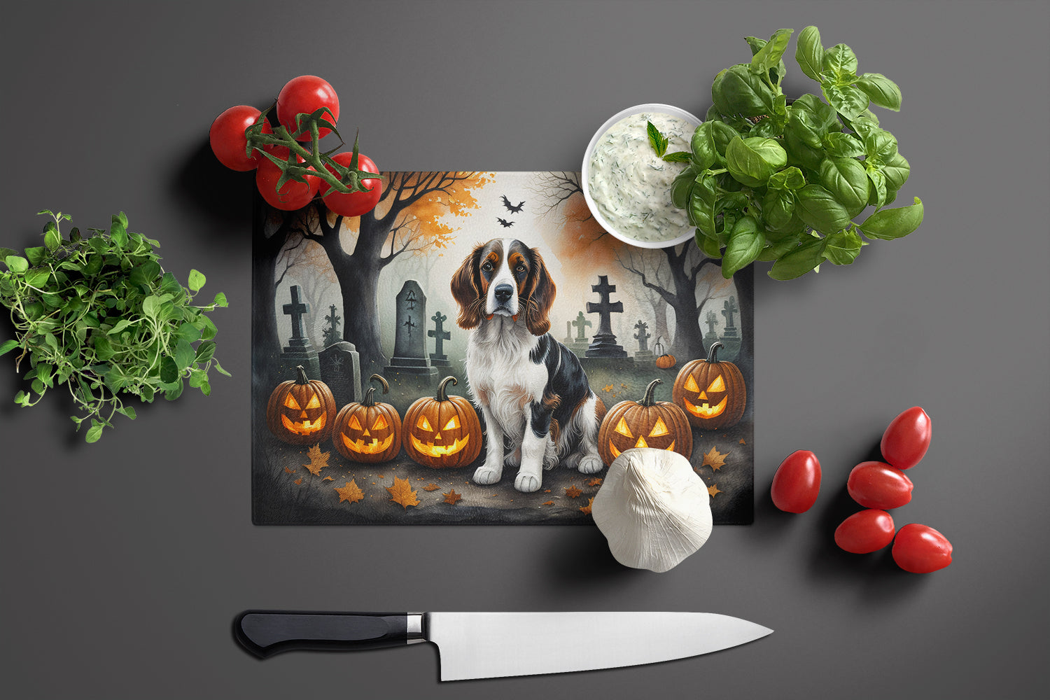 Welsh Springer Spaniel Spooky Halloween Glass Cutting Board Large  the-store.com.