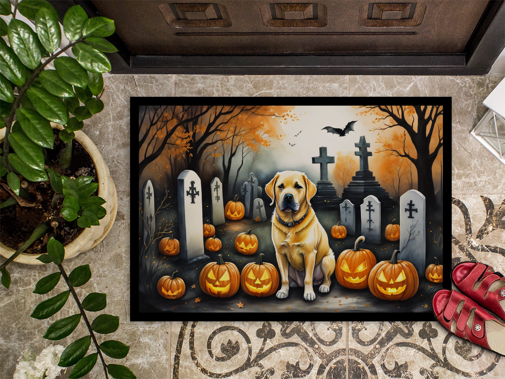 Yellow Labrador Retriever Spooky Halloween Indoor or Outdoor Mat 24x36